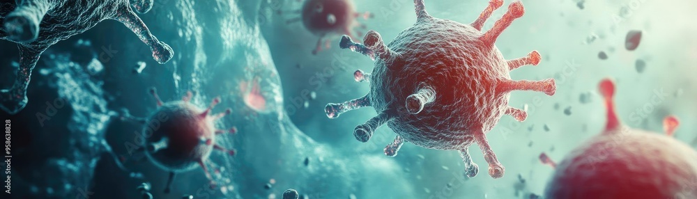 Poster a vibrant visualization of viruses in a microscopic world, illustrating their complex structures and