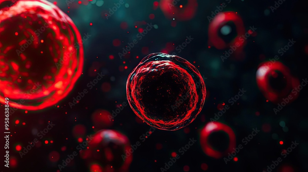 Poster a close-up view of vibrant red cells floating in a dark, mysterious environment, showcasing intricat