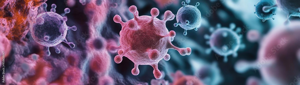 Poster close-up view of colorful virus cells in a microscopic setting, illustrating the complex structure a