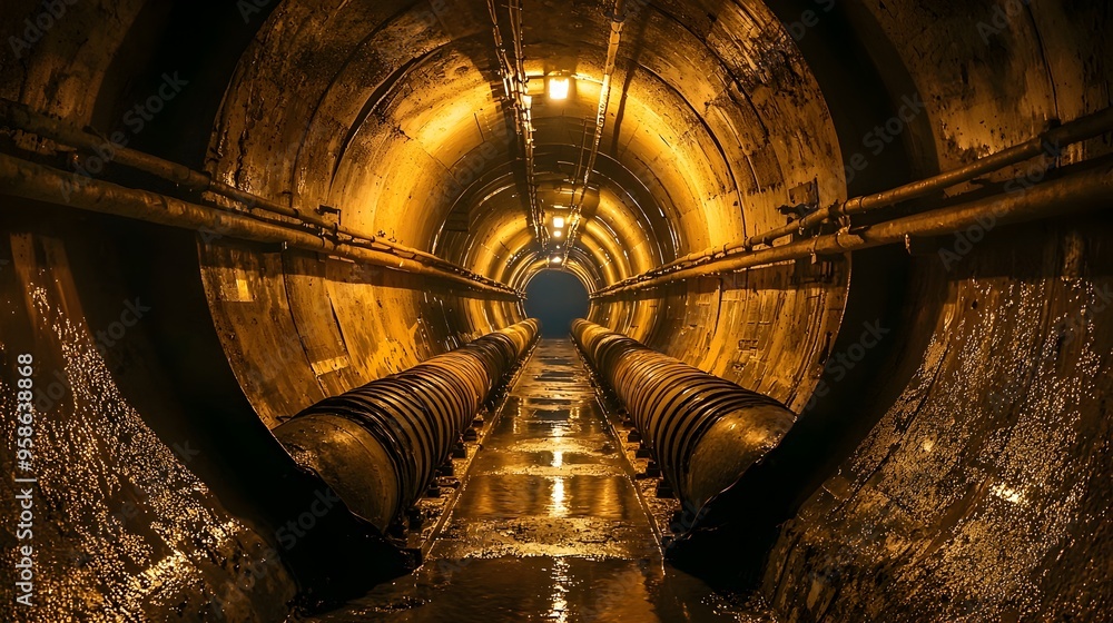 Poster intricate subterranean storm drain system illuminated by soft ambient lighting