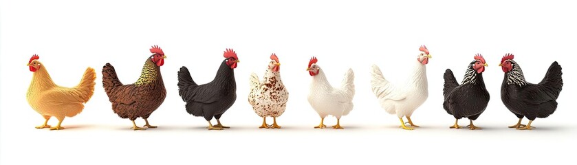 Fototapeta premium A colorful lineup of various chickens showcasing their unique feathers and characteristics, perfect for farm-themed projects.