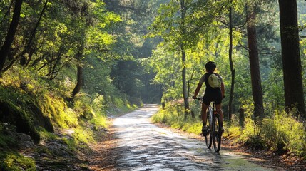 Obraz premium Woman Cycling on a Forest Path