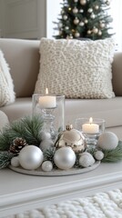 The living room features a beige sofa and a beautifully decorated coffee table with lighted ornaments and candles, capturing the spirit of the holiday season
