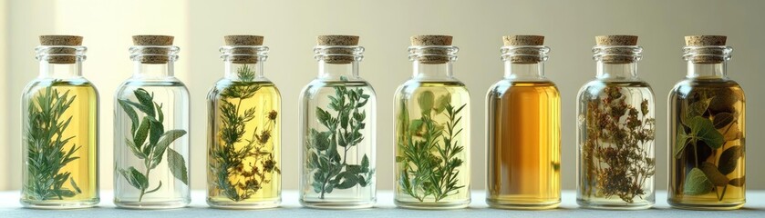 Aesthetic display of herbal oils in glass bottles, showcasing natural plant infusions with vibrant colors and textures.