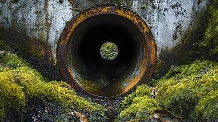 Rusty old drainage pipe leaking water into a moss-covered concrete tunnel