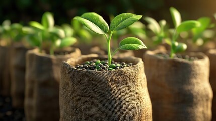 Fresh green seedlings sprout from burlap bags, symbolizing growth and renewal in a vibrant garden setting.