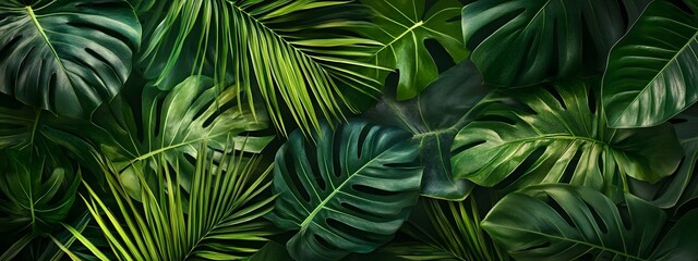 A background of dark green palm leaves with vibrant colors, creating an exotic and lush atmosphere