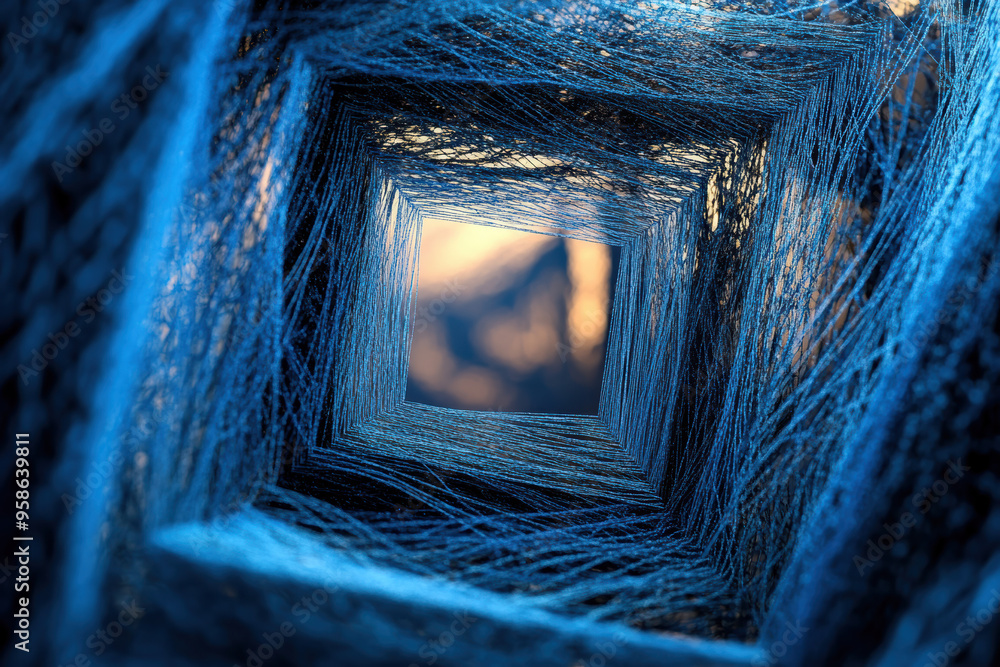 Poster abstract geometric structure with blue and orange hues, creating an intricate web of lines forming a