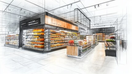 Supermarket Interior Design Sketch with Shelves and Products