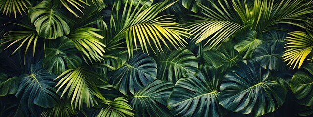 A background of dark green palm leaves with vibrant colors, creating an exotic and lush atmosphere