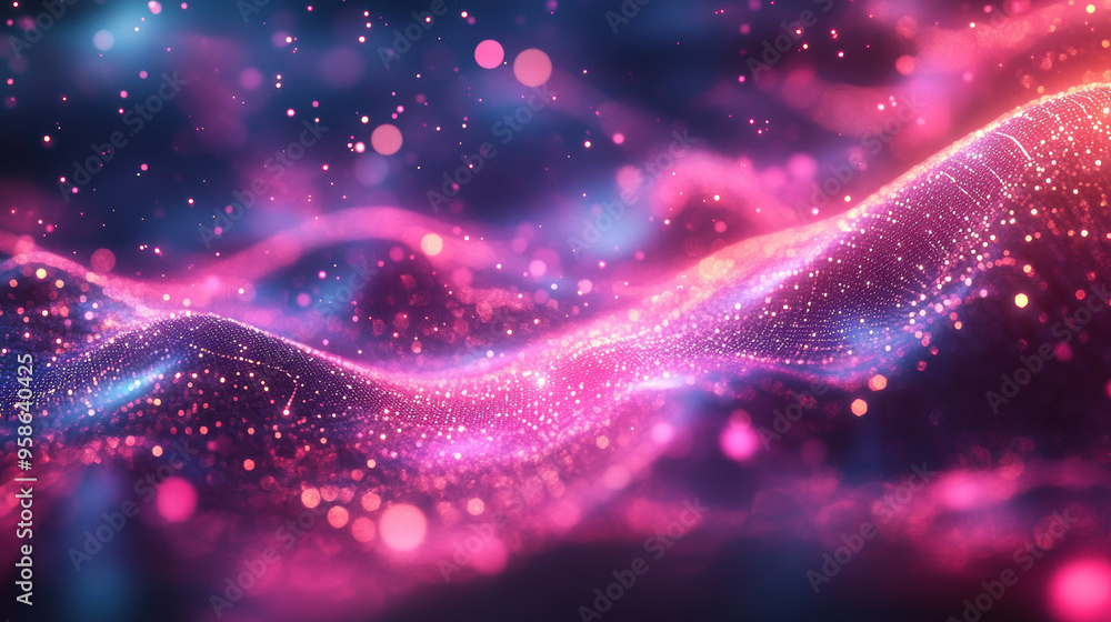 Poster a vibrant digital art piece featuring mesmerizing waves of pink and purple light particles, creating