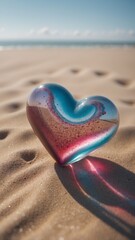 Fototapeta premium A heart made of glass sits on a sandy beach.