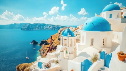 Obraz premium Whitewashed Greek Church with Blue Domes Against a Clear Sky
