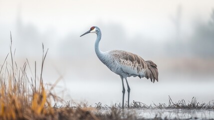 Naklejka premium A Sandhill Crane Stands Tall in the Mist