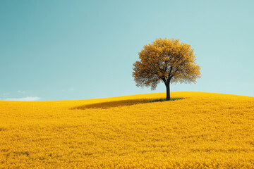A lone tree stands in a vast field of yellow flowers under a clear blue sky, symbolizing peace, solitude, and natural beauty.