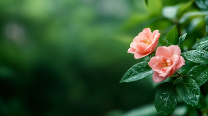 Obraz premium Two soft pink flowers with fresh raindrops on their petals and surrounding green leaves, creating a serene and natural atmosphere.