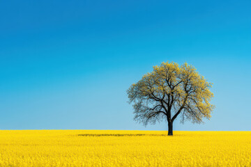 Lone tree stands in vibrant yellow canola field under clear blue sky, creating a striking contrast and a serene, picturesque landscape.