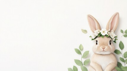 Fototapeta premium Bunny wearing a floral crown, surrounded by soft green leaves, digital art, minimalist white background with space for text