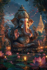 Fototapeta premium Ganesha idol with intricate ornaments sitting in a lotus pond during a colorful festival celebration