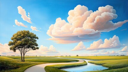 Fototapeta premium Serene Beauty: Enchanting Sunset in Oil Painting of Picturesque Rural Countryside