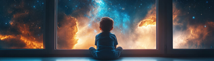 Fototapeta premium A child gazes at a breathtaking cosmic view from a large window, surrounded by vibrant nebulae and stars, sparking a sense of wonder and imagination.