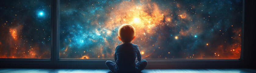 A young child sits by a large window, gazing at a mesmerizing galaxy filled with stars and cosmic...