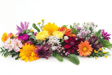 vibrant watercolor flowers arrangement with a mix of seasonal blooms, including chrysanthemums, asters, and sedum, isolated on a bright white background