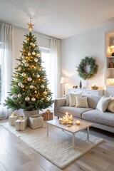 Modern white living room with christmas tree