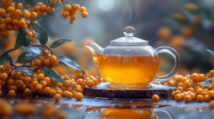 Sea Buckthorn Tea in Glass Teapot with Fresh Berries and Reflections