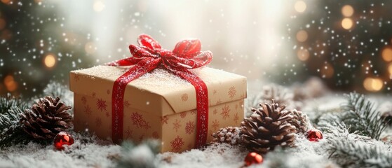 Christmas gift box with surrounding snowflakes, clean and minimal design.