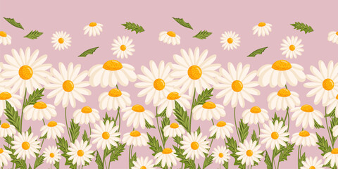 Obraz premium Seamless pattern with blooming daisies. Chamomile vector floral illustration for postcard, poster, fabric, wrapping paper, decor etc. Flowers for spring and summer holidays.