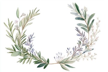 watercolor wedding invitation frame with a delicate floral wreath and sprigs of rosemary, isolated on a white background
