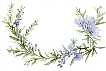 watercolor wedding invitation frame with a delicate floral wreath and sprigs of rosemary, isolated on a white background