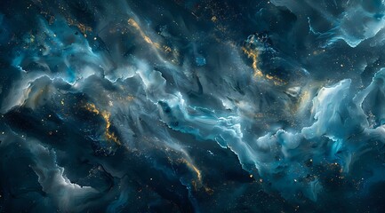 Obraz premium aptivating depiction of a cosmic nebula swirling in deep space. The dark blues, hints of gold, and ethereal light create a sense of mystery and grandeur, making it ideal for abstract, science