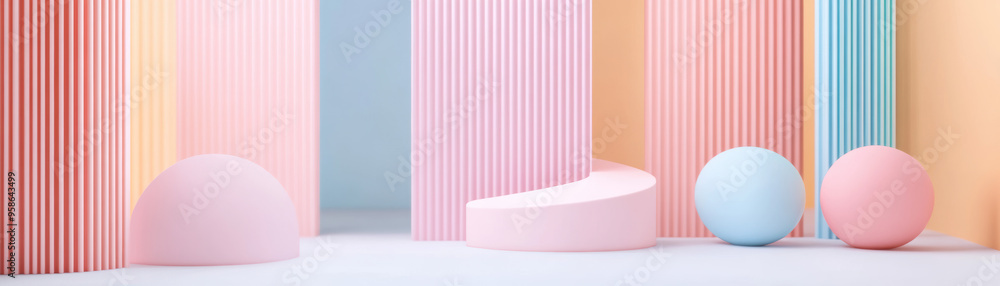 Poster abstract pastel geometric background with elements and textured vertical lines. modern design scene 