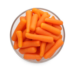 Baby carrots in bowl isolated on white, top view