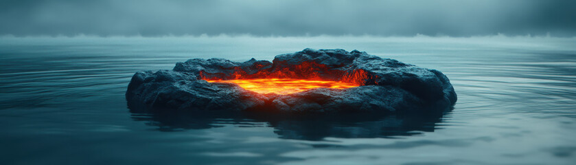 Fototapeta premium A dramatic scene of a molten lava pool emerging from the calm waters of an ocean, surrounded by a misty, atmospheric backdrop.