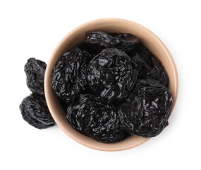 Tasty dried plums (prunes) in bowl on white background, top view