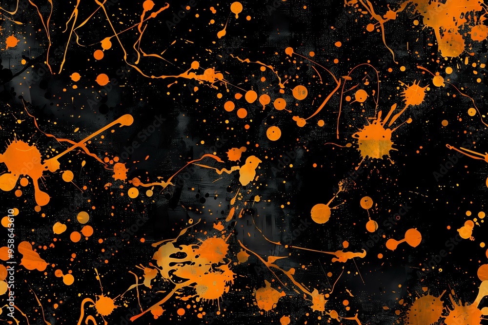 Poster dynamic black background with bold orange paint splatters in various sizes and patterns, creating an