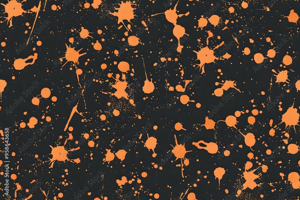 Poster dynamic black background with bold orange paint splatters in various sizes and patterns, creating an