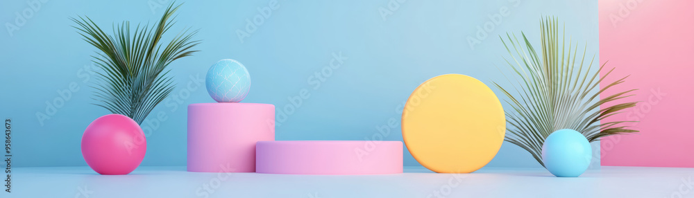 Aufkleber modern pastel-colored abstract scene with geometric shapes and tropical leaves, creating a calm and 