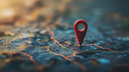 Close-up of a red location pin on a map, symbolizing navigation, direction, and geographic exploration in a digital environment.