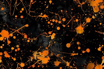 dynamic black background with bold orange paint splatters in various sizes and patterns, creating an abstract and energetic design. The vibrant orange splashes contrast sharply against the dark