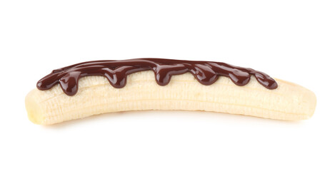 Fresh banana with melted chocolate isolated on white