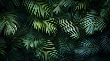 A background of dark green palm leaves with vibrant colors, creating an exotic and lush atmosphere