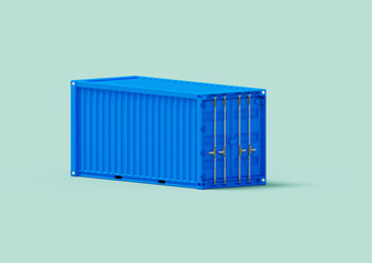 A pristine, blue maritime cargo container is shown in isometric isolation, its smooth surface reflecting the light. The container's clean lines and vibrant color make it a visually striking image.