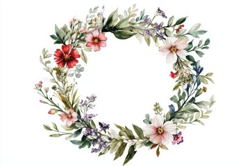 whimsical watercolor design featuring a circular wreath of wildflowers and leaves, surrounded by a soft green border, on a clean white canvas