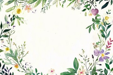 whimsical watercolor design featuring a circular wreath of wildflowers and leaves, surrounded by a soft green border, on a clean white canvas