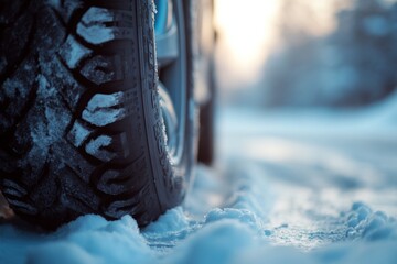 winter tire's aggressive tread biting into the snow-covered road, the car's wheel well a blur in the background