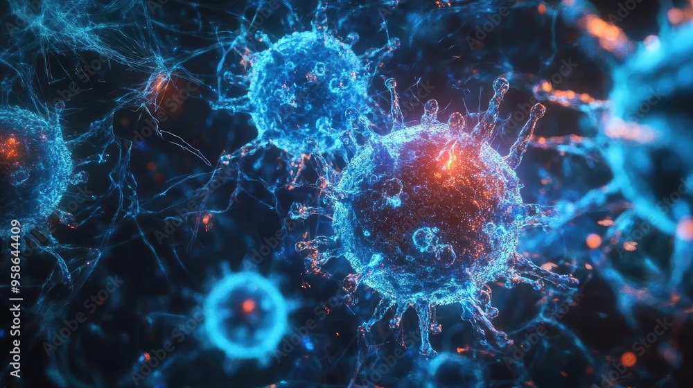 Poster close-up view of vibrant, digitally rendered viruses showcasing intricate details and dynamic colors